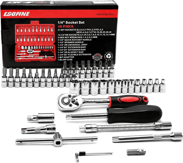 46 Pieces 1/4 Inch Drive Socket Ratchet Wrench Set, with Bit Socket Set Metric and Extension Bar for Auto Repairing and Household, with Storage Case - Image 7