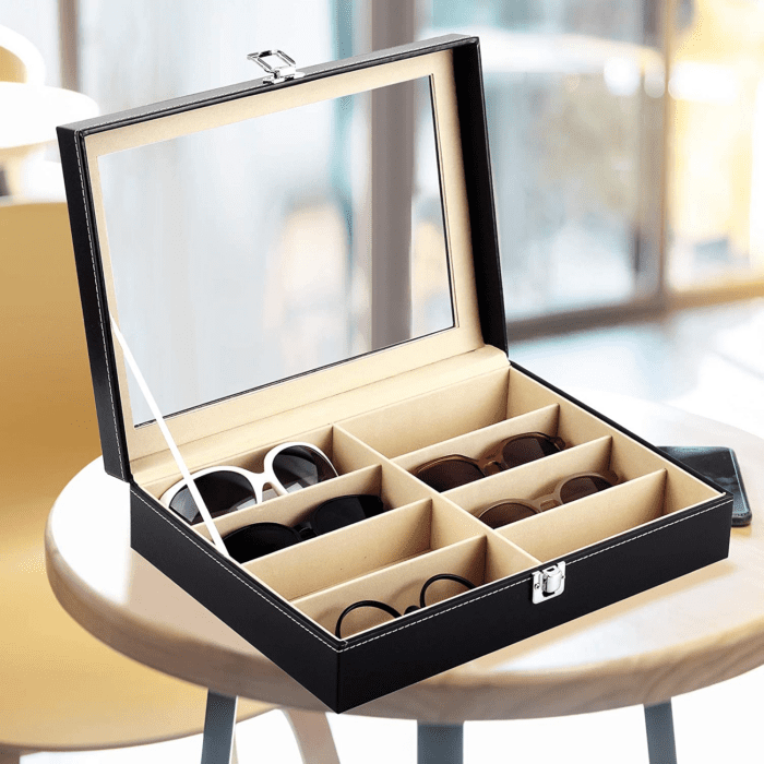 8 Slot Sunglass Organizer Leather Eyeglasses Collector Eyewear Display Case Storage Box, Black - Image 5