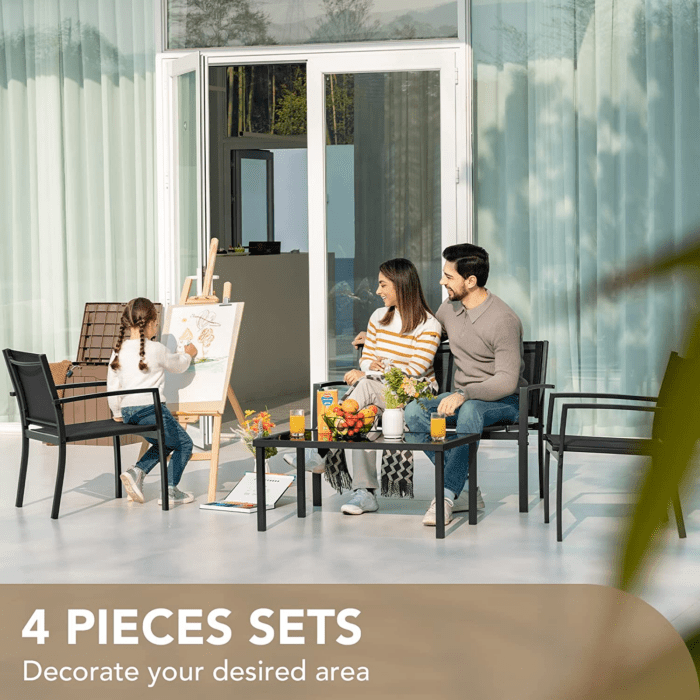 4 Pieces Patio Furniture Set Outdoor Garden Patio Conversation Sets Poolside Lawn Chairs with Glass Coffee Table Porch Furniture (Black) - Image 2