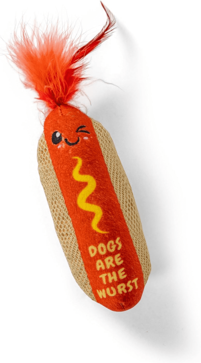 Hot Dog Kicker Catnip Toy and Dental Toy for Cats Hot Dog Themed Funny Catnip Stuffed Kicker Toy, Brown