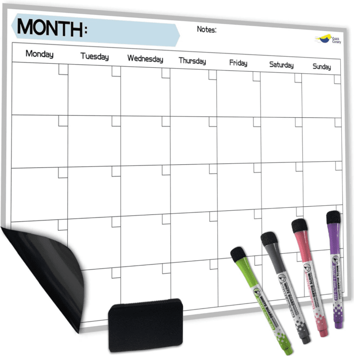 Magnetic Dry Erase Calendar for Refrigerator Starting from Monday - 17X12” Monthly Calendar Whiteboard for Fridge - No Stains or Ghosts - White Board Planner - 4 Dry Erase Markers and Large Eraser