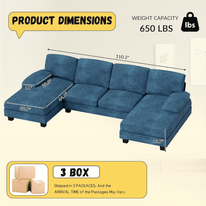 Sectional Couches for Living Room, U Shaped Couch with Chenille Fabric, 4 Seat Modern Sofa with Removable Pillows for Apartment and Small Space (Fabric, Blue) - Image 2