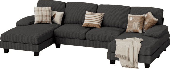 Sectional Couches for Living Room, U Shaped Couch with Chenille Fabric, 4 Seat Modern Sofa with Removable Pillows for Apartment and Small Space (Corduroy, Light Grey) - Image 7