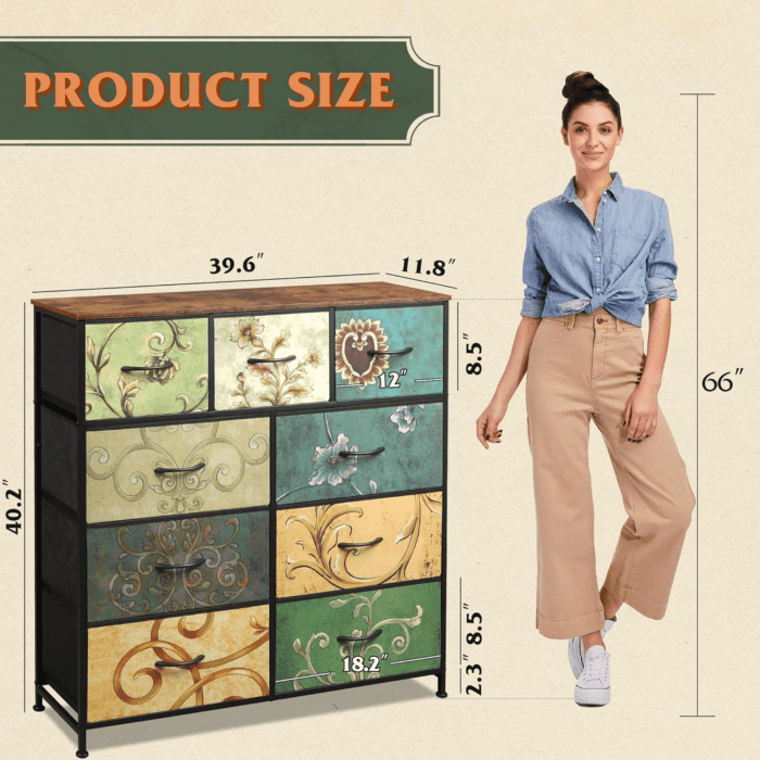 9-Drawer Dresser, Fabric Storage Tower for Bedroom, Hallway, Entryway, Closet, Tall Chest Organizer Unit with Fabric Bins, Steel Frame, Wood Top, Easy Pull Handle, Floral Painted - Image 3