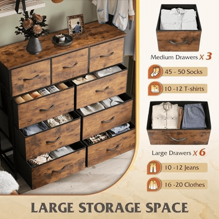 9-Drawer Dresser, Fabric Storage Tower for Bedroom, Hallway, Entryway, Closet, Tall Chest Organizer Unit with Fabric Bins, Steel Frame, Wood Top, Easy Pull Handle, Rustic Brown Wood Grain Print - Image 6