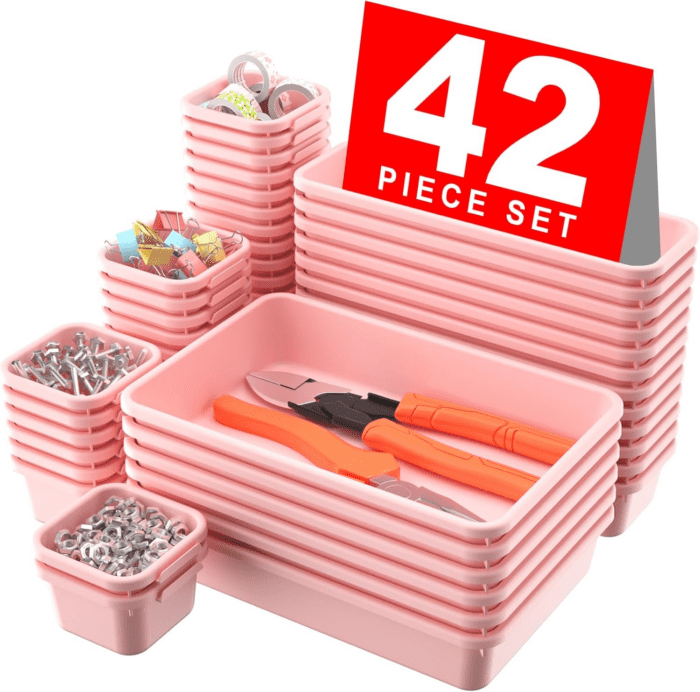 【𝟰𝟮𝗣𝗖𝗦】【Pink】 Tool Box Organizer Tray Divider Set, Desk Drawer Organizer, Garage Organization and Storage Toolbox Accessories for Rolling Tool Chest Cart Cabinet Work Bench Small Parts