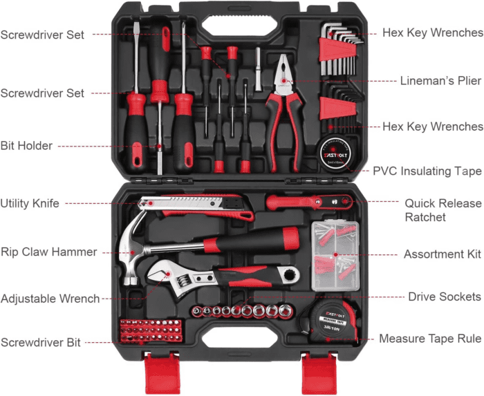 128-Piece Home Repair Tool Set, Tool Sets for Homeowners, General Household Hand Tool Set with Storage Toolbox, EVHT12801, Black + Red (ASK01) - Image 3