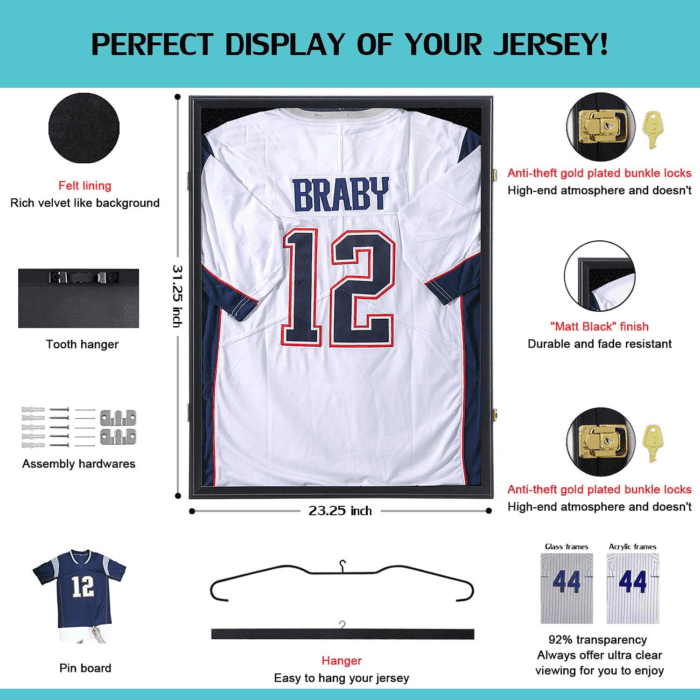 Jersey Display Frame Case - Large Lockable Frames Shadow Box with UV Protection for Baseball Basketball Football Soccer Hockey Sport Shirt Matte Black Finish - Image 2