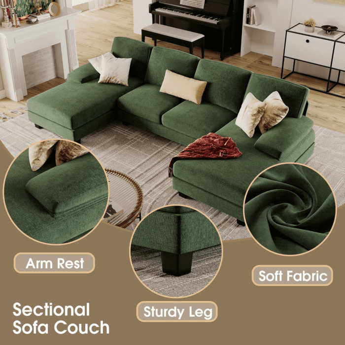 Sectional Couches for Living Room, U-Shaped Sofa Couch with Linen Fabric, 4 Seat Sofa Set with Double Chaise for Apartment (Fabric, Green) - Image 5