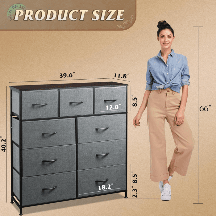 9-Drawer Dresser, Fabric Storage Tower for Bedroom, Hallway, Entryway, Closet, Tall Chest Organizer Unit with Fabric Bins, Steel Frame, Wood Top, Easy Pull Handle, Dark Grey - Image 3