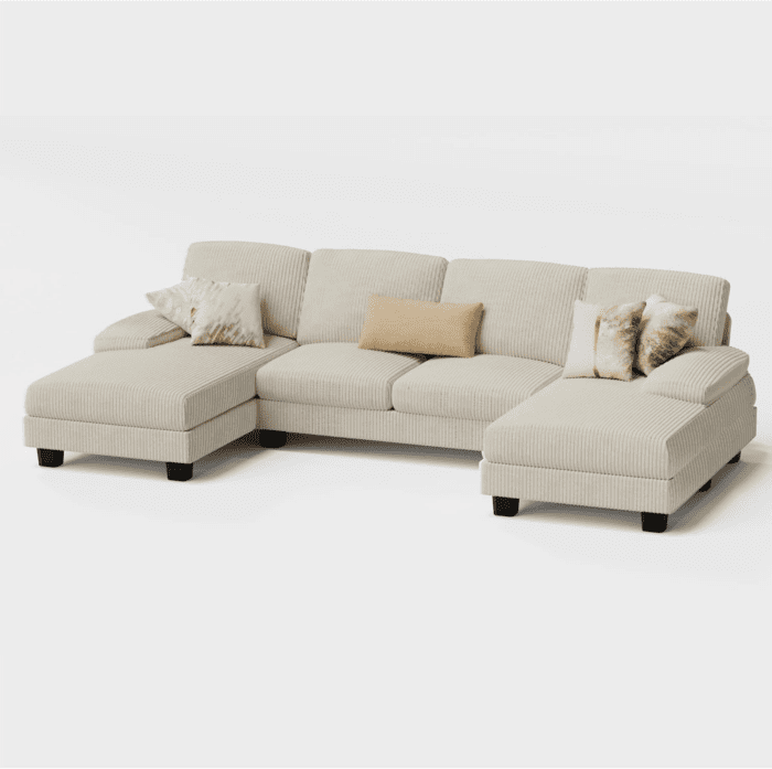 Sectional Couches for Living Room, U-Shaped Sofa Couch with Soft Corduroy, 4 Seat Sofa Set with Double Chaise for Apartment (Corduroy, Beige) - Image 8