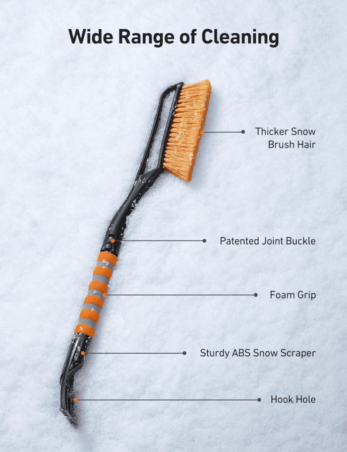 27" Snow Brush and Ice Scrapers for Car Windshield, Detachable Snow Scrapers with Ergonomic Foam Grip for Cars, Trucks, Suvs (Heavy Duty ABS, PVC Brush, Orange) - Image 7