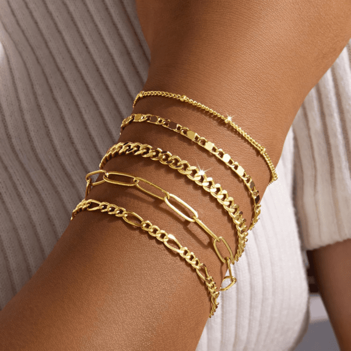 Gold Bracelets Set for Women 14K Real Gold Plated Dainty Gold Link Chain Bracelets for Women Trendy Gold Stackable Cuff Bracelets for Jewelry Gifts Women Adjustable 7"+2" - Image 2