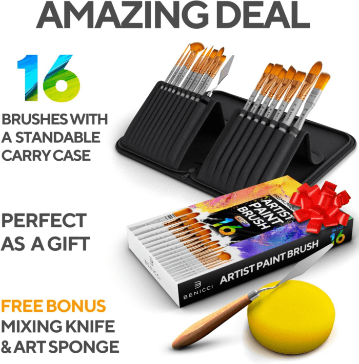 18 Pieces Premium Artist Paint Brush Set - Includes Palette Knife, Sponge, Organizing Case - 16 Painting Brushes for Kids, Adults & Professionals - Perfect for Watercolor, Oil, Acrylic Painting Art - Image 3