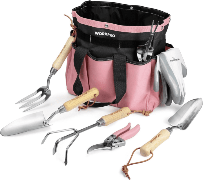 8-Piece Pink Garden Tool Set, Stainless Steel Gardening Tools with Wood Handle, Including Garden Tote, Gloves, Trowel, Hand Weeder, Cultivator and More, Gardening Gifts for Women - Pink Ribbon