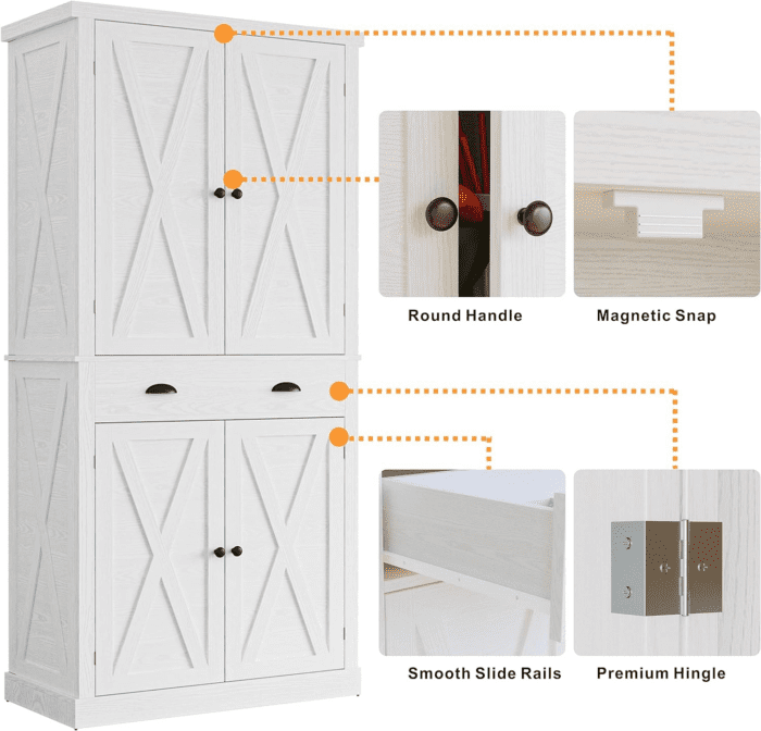 Kitchen Pantry Storage Cabinet 72.6" H, with Barn Doors, Drawer, 4 Adjustable Shelves, Freestanding Cupboard for Dining Room Living Room, Laundry, White - Image 8