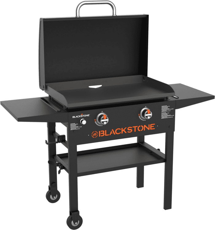 1883 Original 28” Griddle with Integrated Protective Hood and Counter Height Side Shelves, Powder Coated Steel, Black