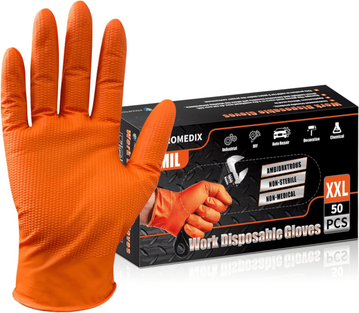 Heavy Duty Nitrile Disposable Gloves,8-Mil Orange,Raised Diamond Texture Work Gloves，Industrial Work Gloves