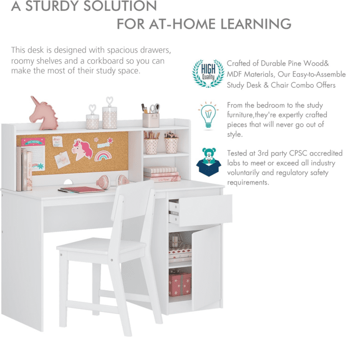 Kids Study Desk with Chair, Kids Desk and Chair Sets with Hutch and Storage Cabinet, Wooden Children Study Table, Student Writing Desk Computer Workstation for 5-12 Years Old - Image 5