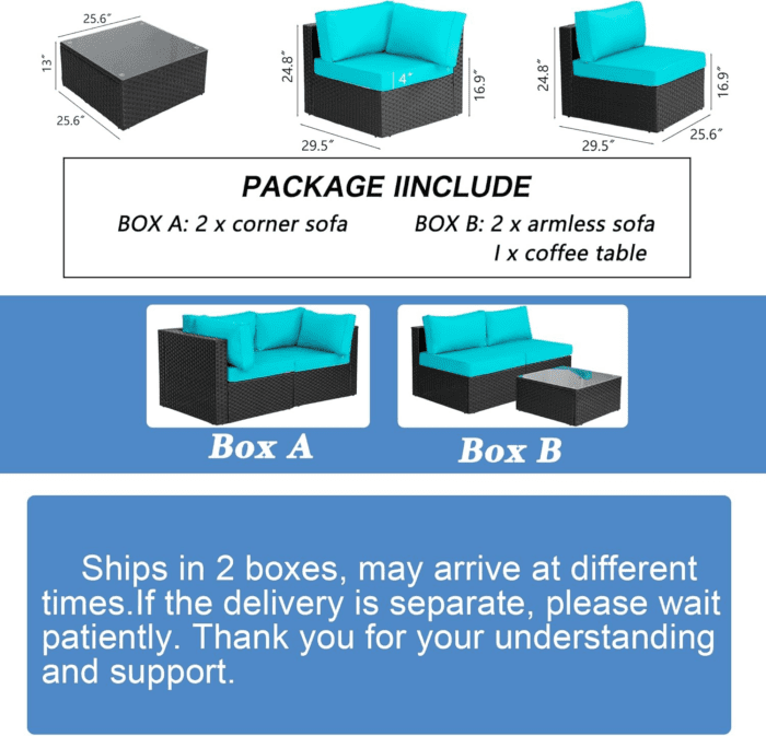 5 Pieces Outdoor Patio Sectional Sofa Couch, Black PE Wicker Furniture Sets, Patio Conversation Sets with Washable Cushions Glass Coffee Table for Garden, Poolside, Backyard,Blue - Image 2