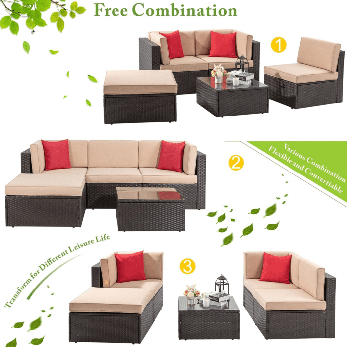 5 Piece Patio Furniture Sets, All-Weather Brown PE Wicker Outdoor Couch Sectional Set, Small Conversation Set for Garden/Patio W/Ottoman, Glass Table, Red Pillow, Beige - Image 5