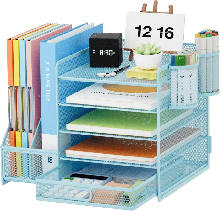 Desk Organizer with File Holder, 5-Tier Paper Letter Tray Organizer with Drawer and 2 Pen Holder, Mesh Desktop Organizer and Storage with Magazine Holder for Office Supplies(Blue)