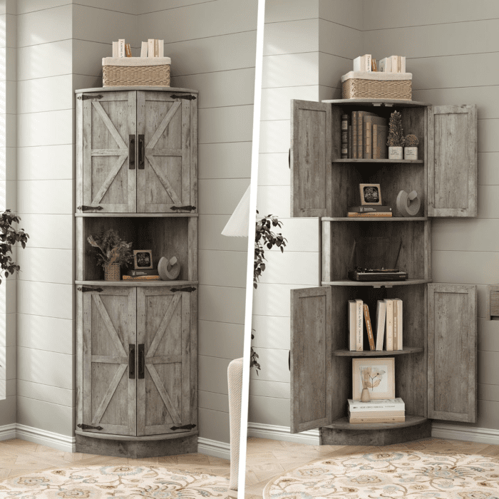 64.8" Tall Farmhouse Corner Cabinet with 4 Doors and 5 Storage Shelves, Farmhouse Storage Cabinet with Barn Door Design, Home Space Saver for Living Room, Kitchen, Laundry Room,Grey - Image 8