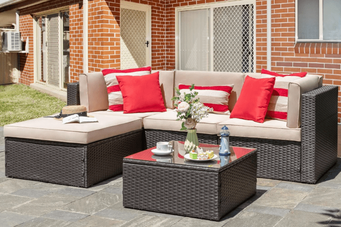 5 Piece Patio Furniture Sets, All-Weather Brown PE Wicker Outdoor Couch Sectional Set, Small Conversation Set for Garden/Patio W/Ottoman, Glass Table, Red Pillow, Beige