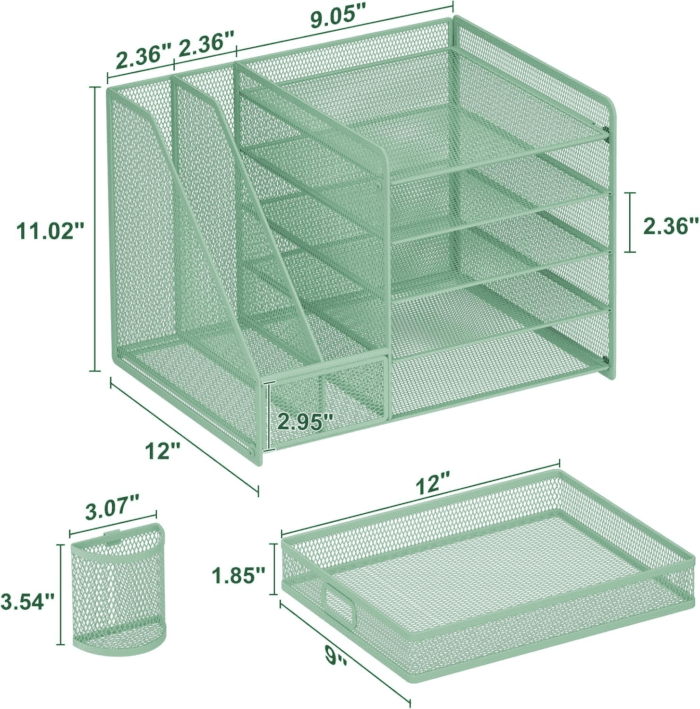 Desk Organizer with File Holder, 5-Tier Paper Letter Tray Organizer with Drawer and 2 Pen Holder, Mesh Desktop Organizer and Storage with Magazine Holder for Office Supplies (Green) - Image 6