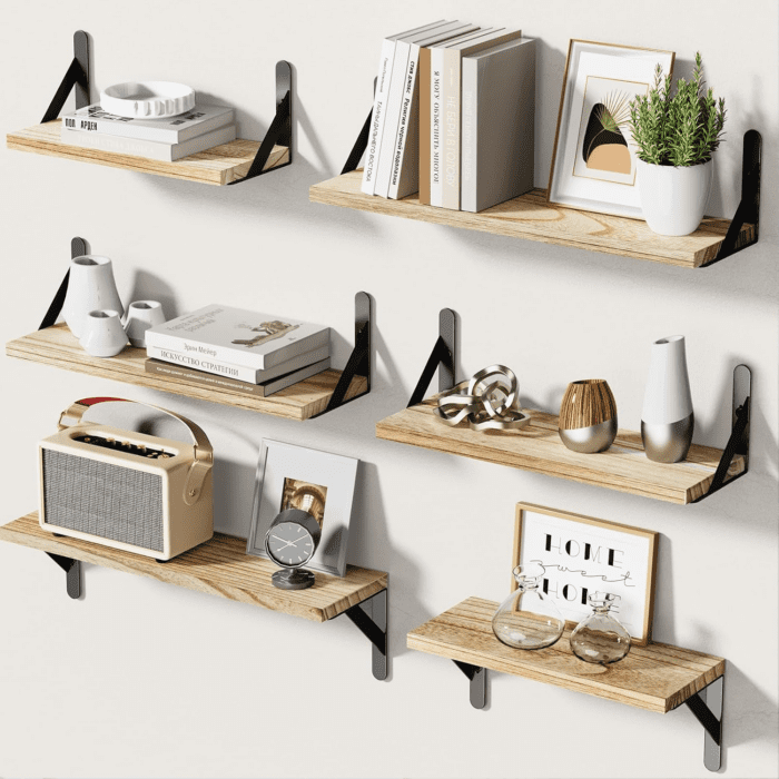 Wall Shelves Set of 6, Wood Floating Shelves for Wall Decor, Rustic Farmhouse Wall Shelves for Bedroom, Bathroom Shelves for Wall Storage, Book Shelves for Living Room, Wooden