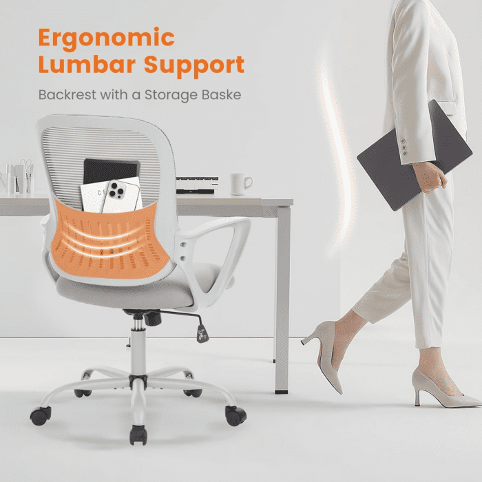 Office Computer Desk Managerial Executive Chair, Ergonomic Mid-Back Mesh Rolling Work Swivel Chairs with Wheels, Comfortable Lumbar Support, Comfy Arms for Home,Bedroom,Study,Student,Grey - Image 6