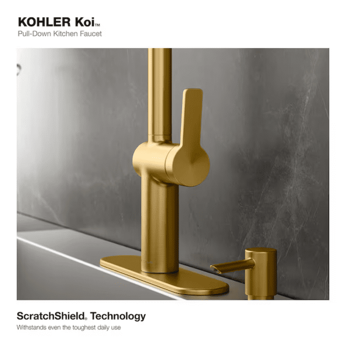 Koi Vibrant Brushed Moderne Brass Single Handle Pull-Down Kitchen Faucet with Sprayer (Deck Plate and Soap Dispenser Included) - Image 6