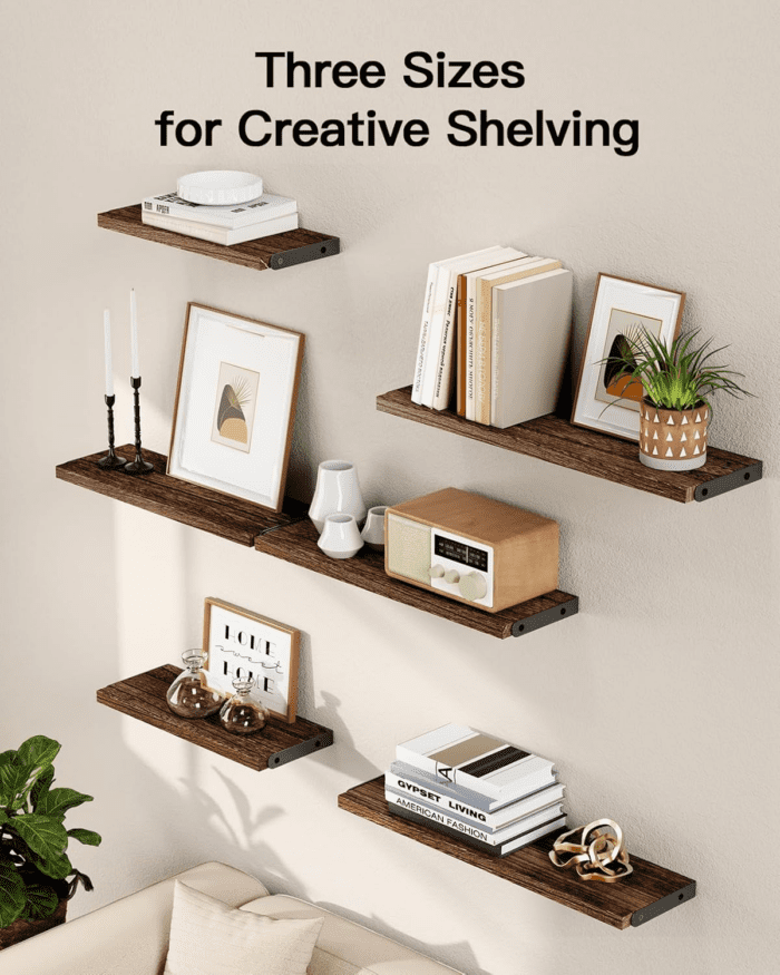 Wall Shelves Set of 6, Wood Floating Shelves for Wall Decor, Rustic Farmhouse Wall Shelves for Bedroom, Bathroom Shelves for Wall Storage, Book Shelves for Living Room, Brown - Image 7