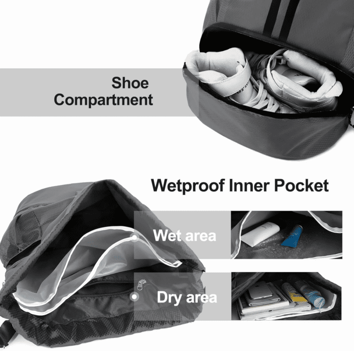 Sports Drawstring Backpack - String Swim Gym Bag with Shoes Compartment and Wet Proof Pocket for Women/Men (Dark Grey) - Image 2