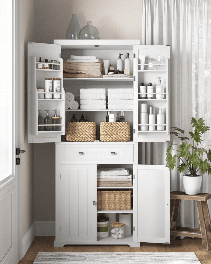 Pantry Cabinet, 15.7 X 30 X 71.7 Inches, Freestanding Tall Cupboard Storage Cabinet with a Drawer, 2 Cabinets, 4 Adjustable Shelves, 6 Door Shelves, Living Room, Kitchen, White UBBC561P31V2 - Image 7