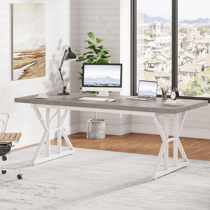 70.8-Inch Executive Desk, Large Computer Office Desk Workstation, Modern Simple Style Laptop Desk Study Writing Table Business Furniture for Home Office (Grey/White, 70.8 Inch) - Image 4