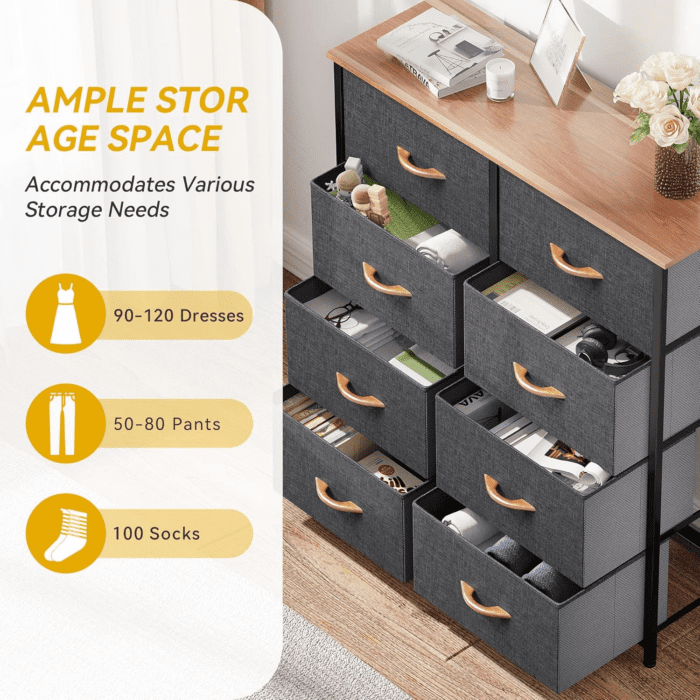 Dresser for Bedroom, Fabric Dresser with 8 Drawers, Tall Dresser, Double Dresser, Chest of Drawers for Closet, Living Room, Sturdy Steel Frame, Wooden Top, Easy Pull Handle - Image 4