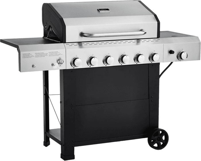 Freestanding Gas Grill with Side Burner, 6 Burner (66,000 BTU), Black