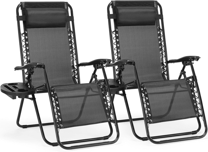 Zero Gravity Chairs, Set of 2 Portable Recliner Beach Camping Patio Outdoor Folding Lounge Chair with Cup Holder Trays and Adjustable Pillow for Poolside, Garden, Backyard, Lawn (Black)