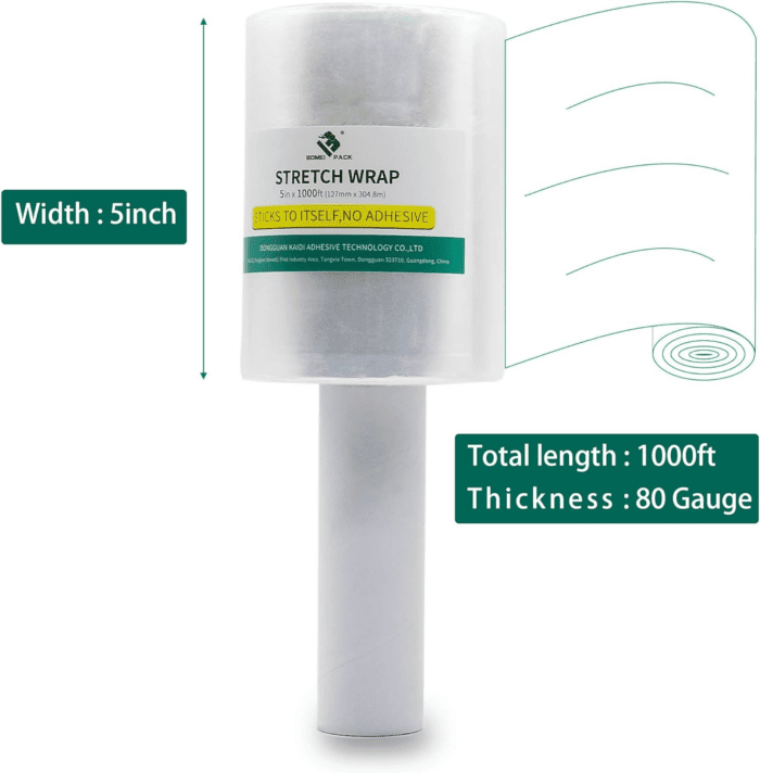 4 Pack Industrial Mini Clear Stretch Wrap with Handle 5" 1000Ft 80 Gauge for Pallet Wrap, Durable Self-Adhering Plastic Wrap for Packing, Moving, Heavy Duty - Image 3