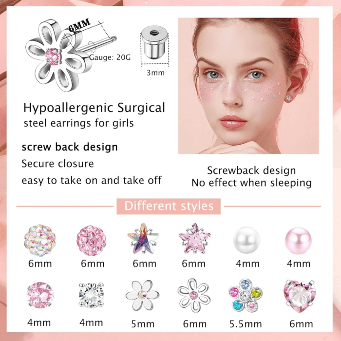 12 Pairs Hypoallergenic Screw Back Earrings for Women Girls Surgical Steel Cute Heart CZ Flower Pearl Ball Tiny Screwback Stud Earring - Image 4