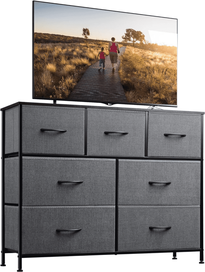 Dresser TV Stand, Entertainment Center with Fabric Drawers, Media Console Table with Metal Frame and Wood Top for TV up to 45 Inch, Chest of Drawers for Bedroom, Dark Grey