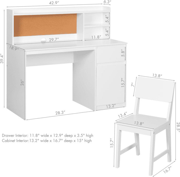 Kids Study Desk with Chair, Kids Desk and Chair Sets with Hutch and Storage Cabinet, Wooden Children Study Table, Student Writing Desk Computer Workstation for 5-12 Years Old - Image 9