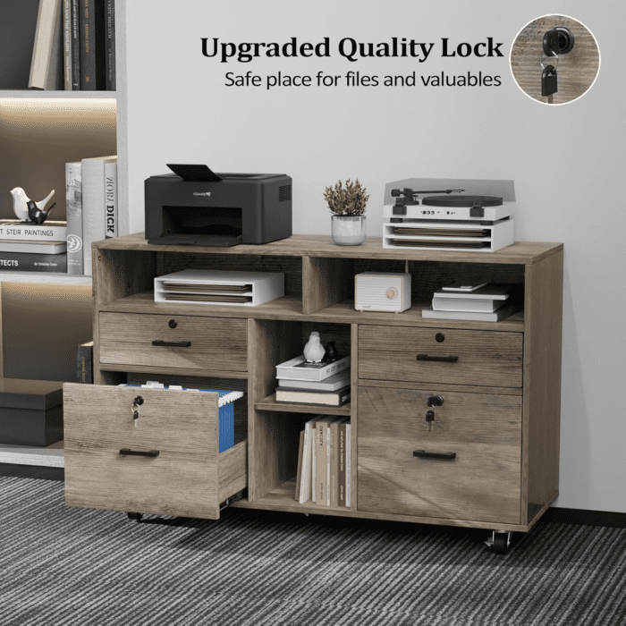 Wide 4 Drawer File Cabinet with Lock, Wood Lateral File Cabinet with Open Shelves, Lockable Rolling File Cabinets for Home Office, Rustic Grey File Cabinet Printer Stand, Letter Sized - Image 5