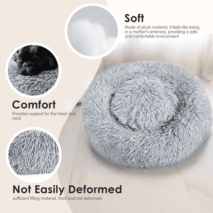 Dog & Cat Bed, 20In Cat Beds for Indoor Cats, Calming Donut Bed for Puppy and Kitten, Washable round Fluffy Pet Bed for Small Medium Dogs and Cats (Light Grey) - Image 5