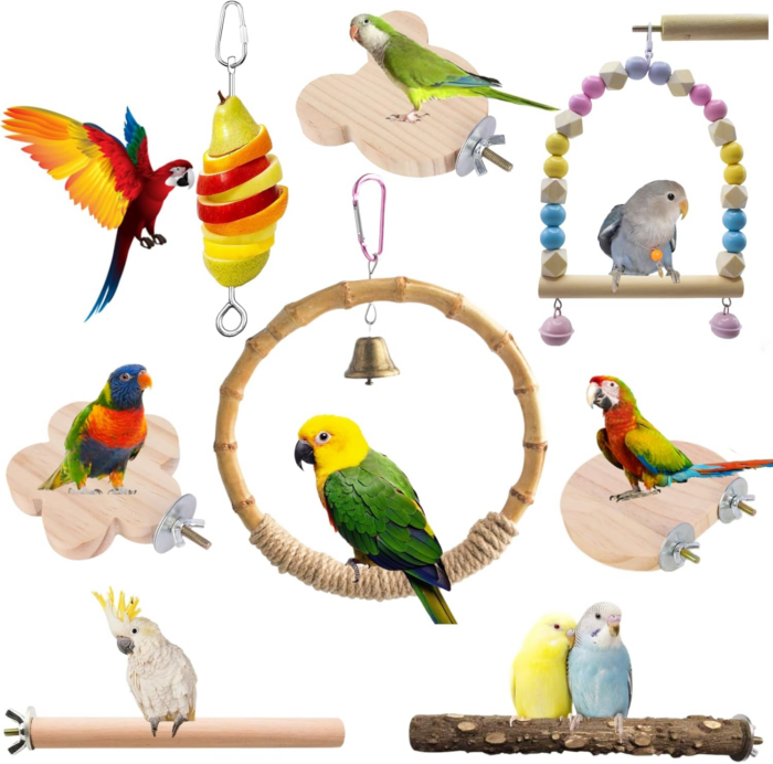 8 PCS Bird Cage Accessories Parakeet Toys Bird Supplies Parrot Perches Swings Platform for Cage Bird Cage Feeder for Parakeet,Cockatiels,Conures,Finches,Budgie,Macaws,Parrots,Love Bird and Small Birds