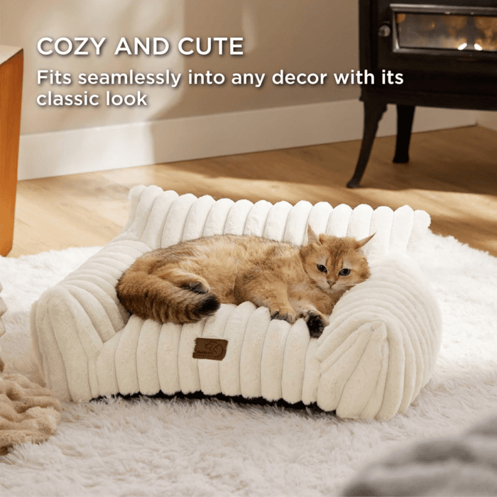 Cute Cat Couch for Pets - Fluffy Cat Sofa with Premium Soft Corduroy Fleece, Fuzzy Cat Couch Bed with Removable Washable Cover, Supportive Cat Chair for Indoor Cats, 24Inch, Cream - Image 5