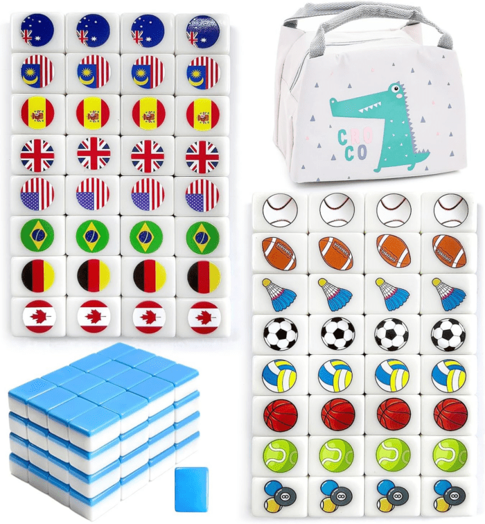 Seaside Escape Game Blocks， Mahjong Tile Game Sets with 65 Tiles 30Mm Flag and Ball Pattern with Handbag for Spring Picnic Party Gift.