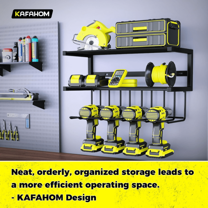 Power Tool Organizer Wall Mounted, Tool Organizers and Storage Rack for Garage Organization, Heavy Duty Drill Holder, 3 Layers Floating Tool Shelf with 4 Drill Holders - Image 5