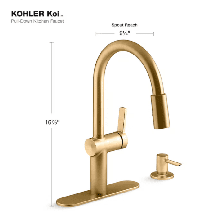 Koi Vibrant Brushed Moderne Brass Single Handle Pull-Down Kitchen Faucet with Sprayer (Deck Plate and Soap Dispenser Included) - Image 9